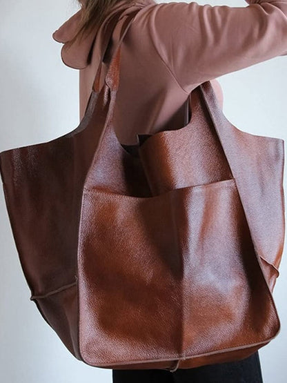 Simple large soft leather large capacity shoulder handbag