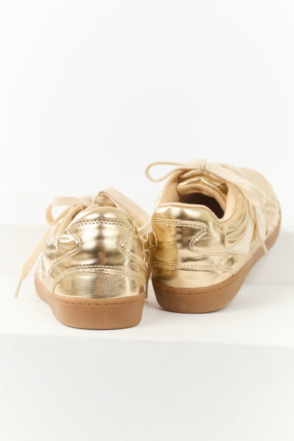 Gold Faux Leather Lace Up Low Top Sneakers