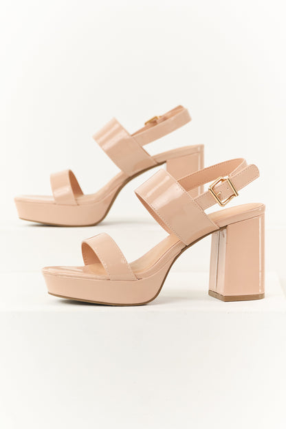 Nude Faux Leather Open Toed Platform Heels
