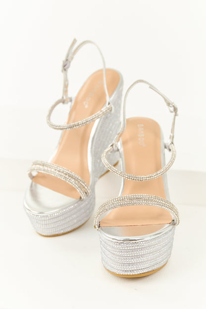 Silver Rhinestone Open Toed Platform Wedges
